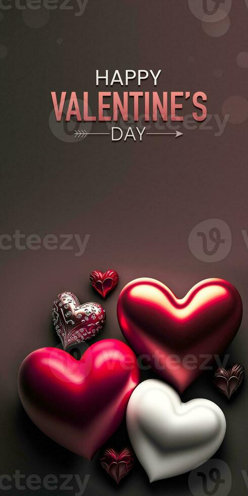 Happy Valentine's Day Text With Glossy Colorful Hearts Shapes On Charcoal Background. 3D Render. photo