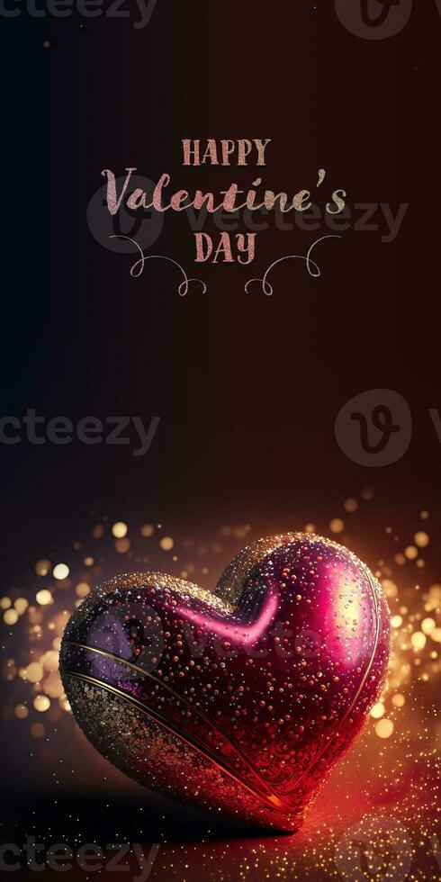 Happy Valentine's Day Text With 3D Render Of Shiny Red Glittery Heart Shape On Bokeh Light Background. photo