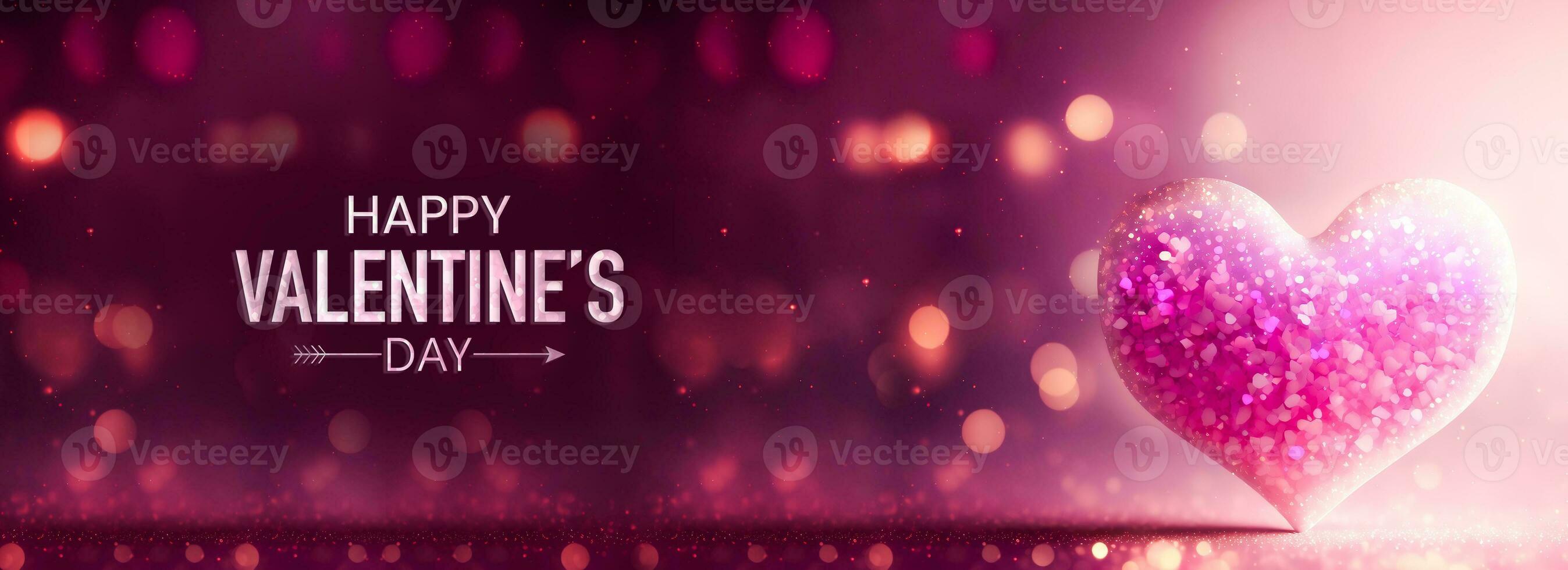 Happy Valentine's Day Text With 3D Render Of Shiny Pink Glittery Heart Shape On Bokeh Background. photo