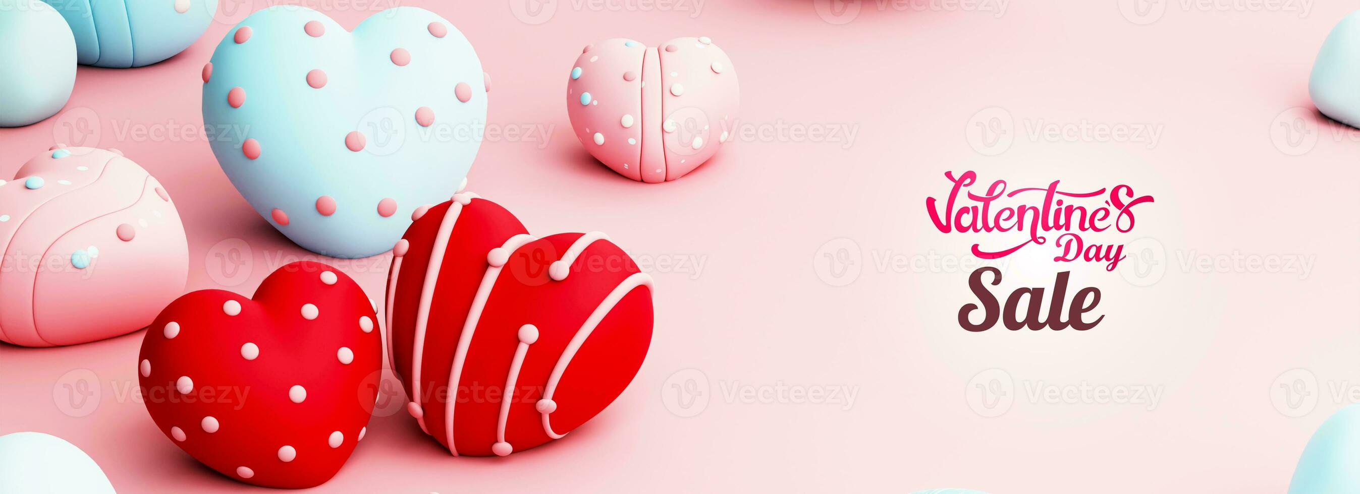 Valentines Day Sale Banner or Header Design With 3D Render, Heart Shapes Decorated On Pink Background. photo