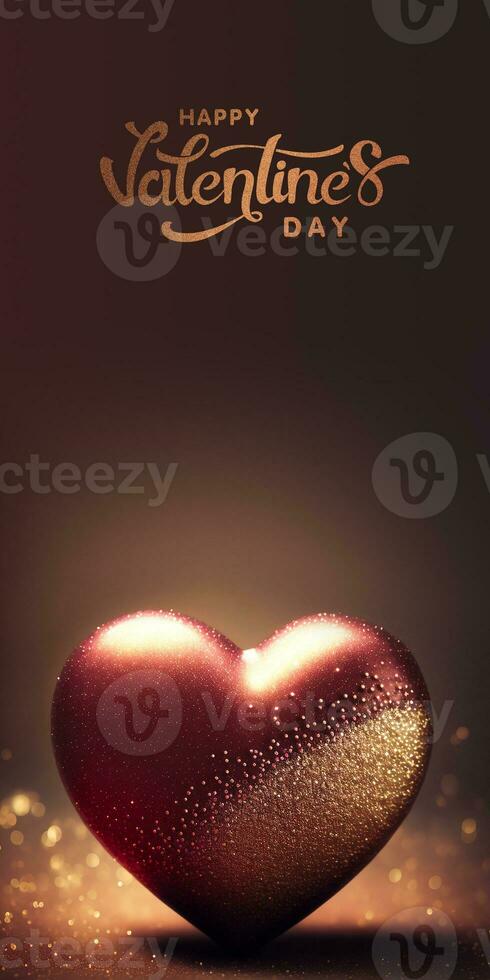 Happy Valentine's Day Text With 3D Render Of Shiny Copper Glittery Heart Shape On Sparkle Light Background. photo