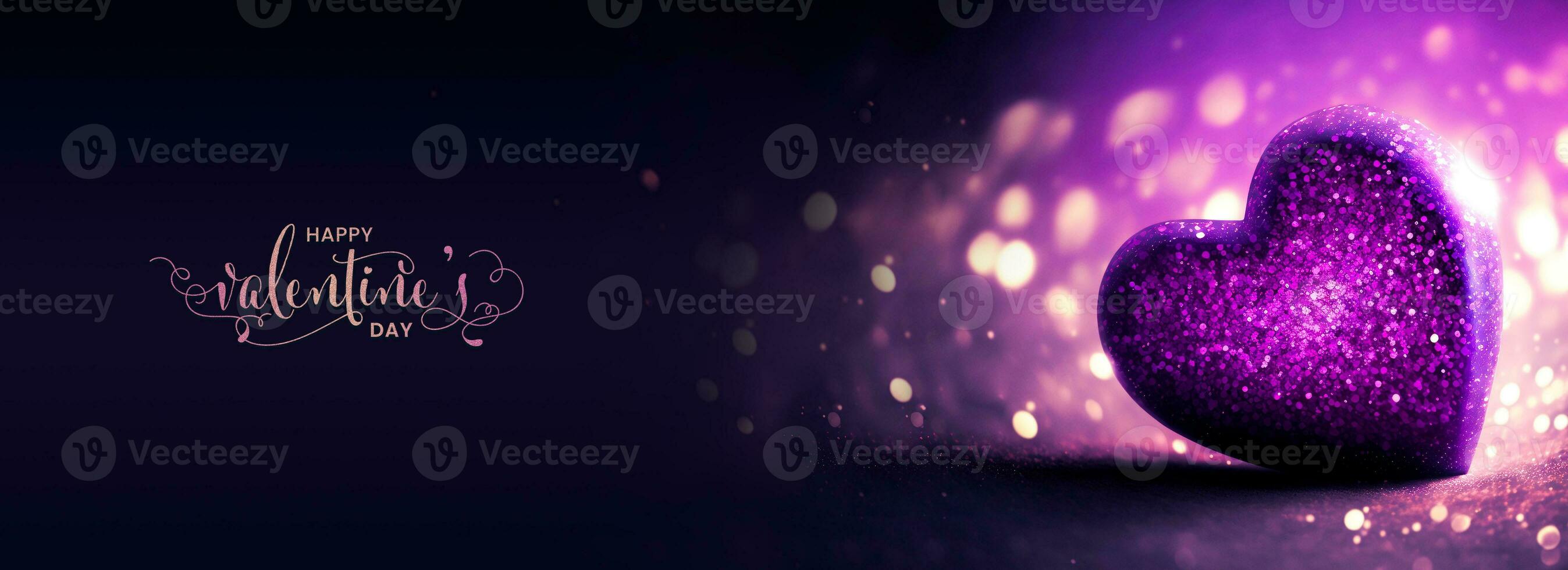 Happy Valentine's Day Text With 3D Render Of Shiny Purple Glittery Heart Shape On Bokeh Lighting Background. photo