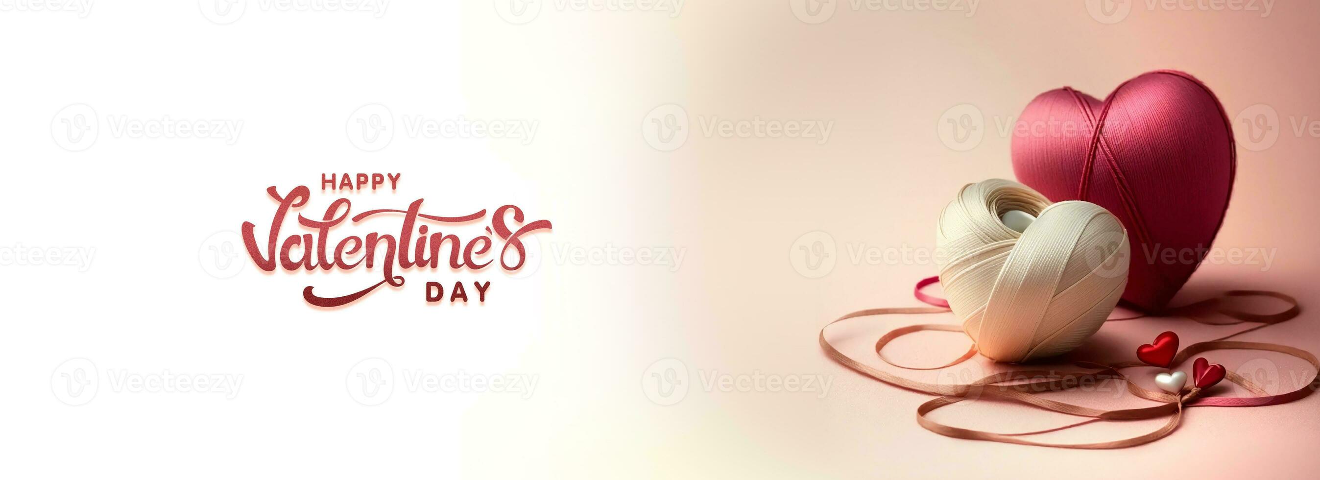 Happy Valentine's Day Text With 3D Render Of Embroidery Ribbon Or Thread Heart Shapes In Two Color. photo
