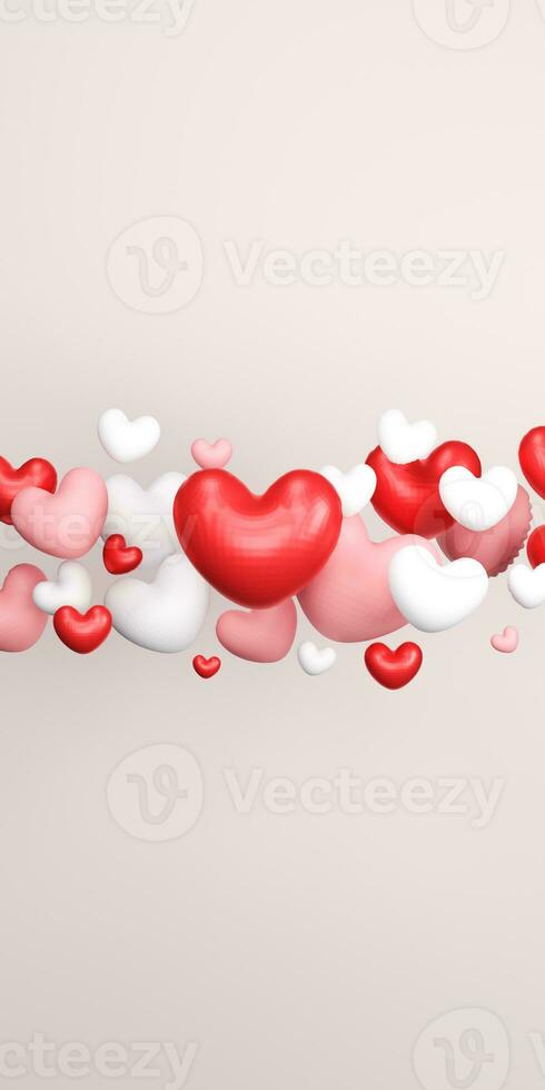 Realistic Glossy Heart Shape Balloons In Red And White Color. 3D Rendering. photo