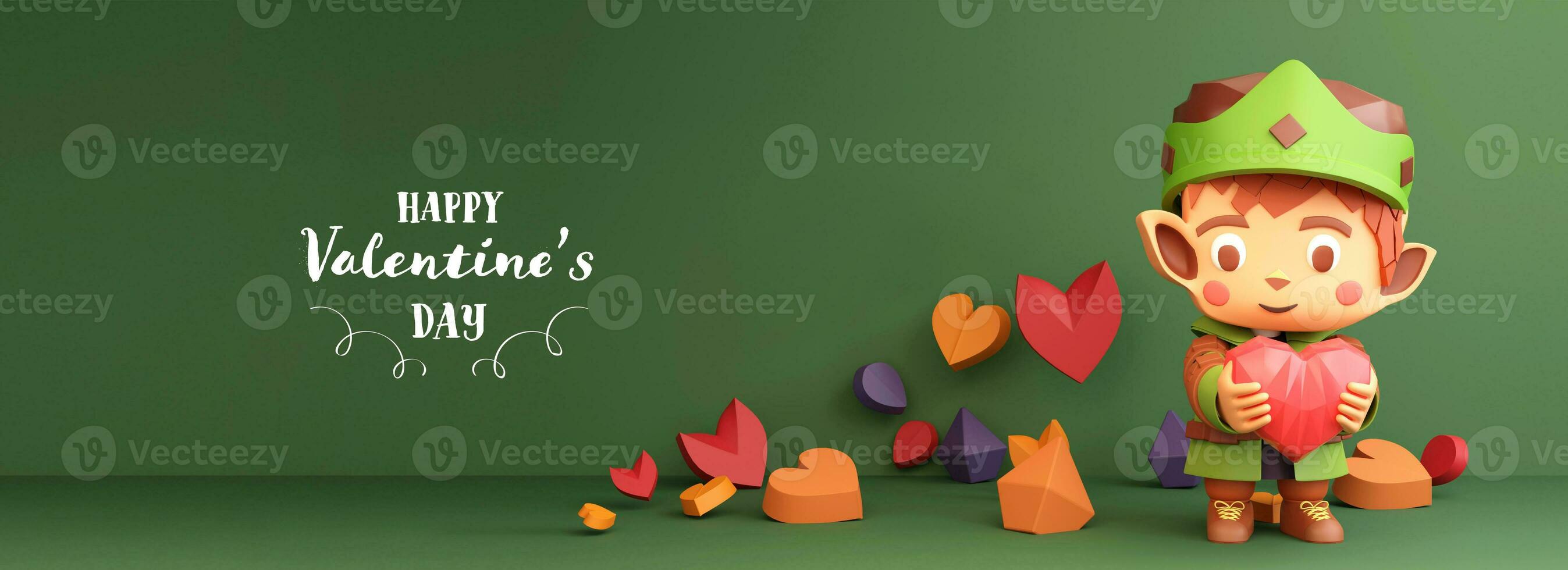 Happy Valentine's Day Landing Page, Poster Or Banner Design With 3D Render, Paper Heart Shapes And Cartoon Little Elf King. photo