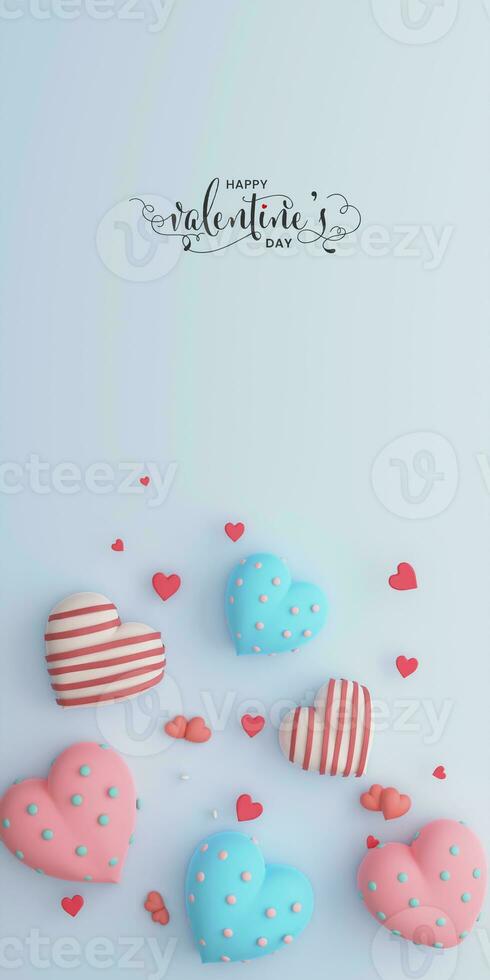 Happy Valentine's Day Calligraphy Text With Soft Color Heart Shapes On Pastel Blue Background.  Vertical Template, Standee Poster, Banner Design. photo