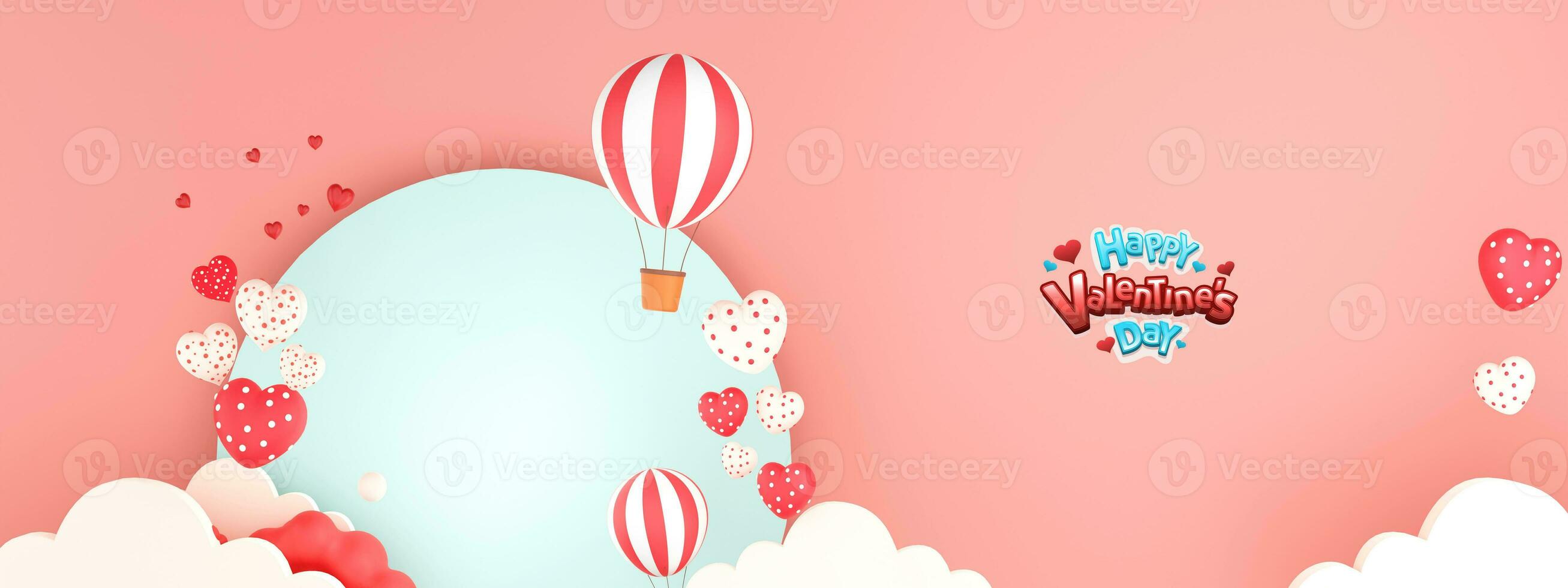 Happy Valentine's Day Header Or Banner Design With Hearts Shapes, Hot Air Balloons Against Round Frame and Clouds. photo