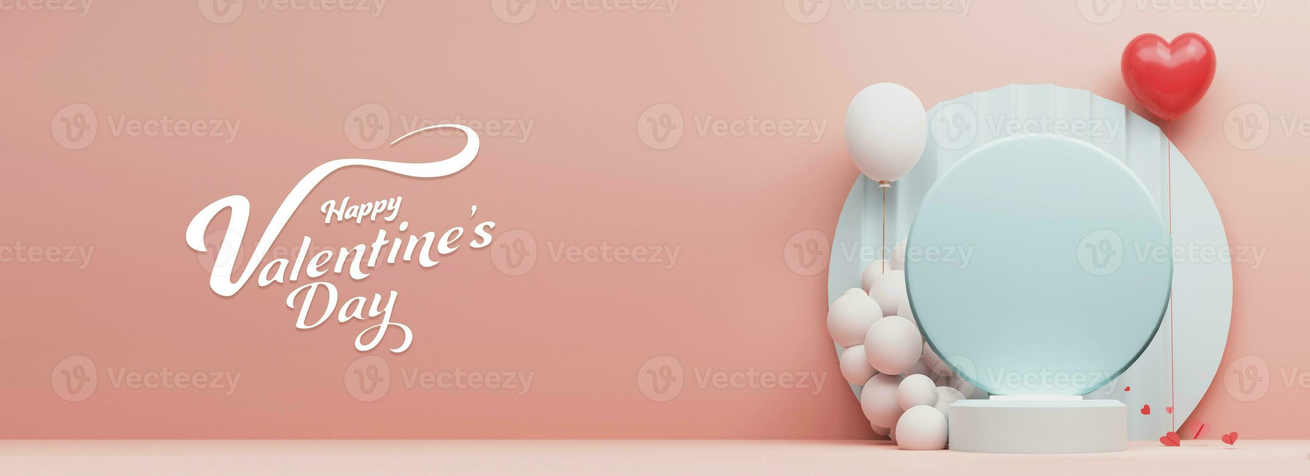Happy Valentine's Day Calligraphy Text With 3D Render, Round Podium With Heart Shape, Balloons On Pastel Pink Background. Header Or Banner Design. photo