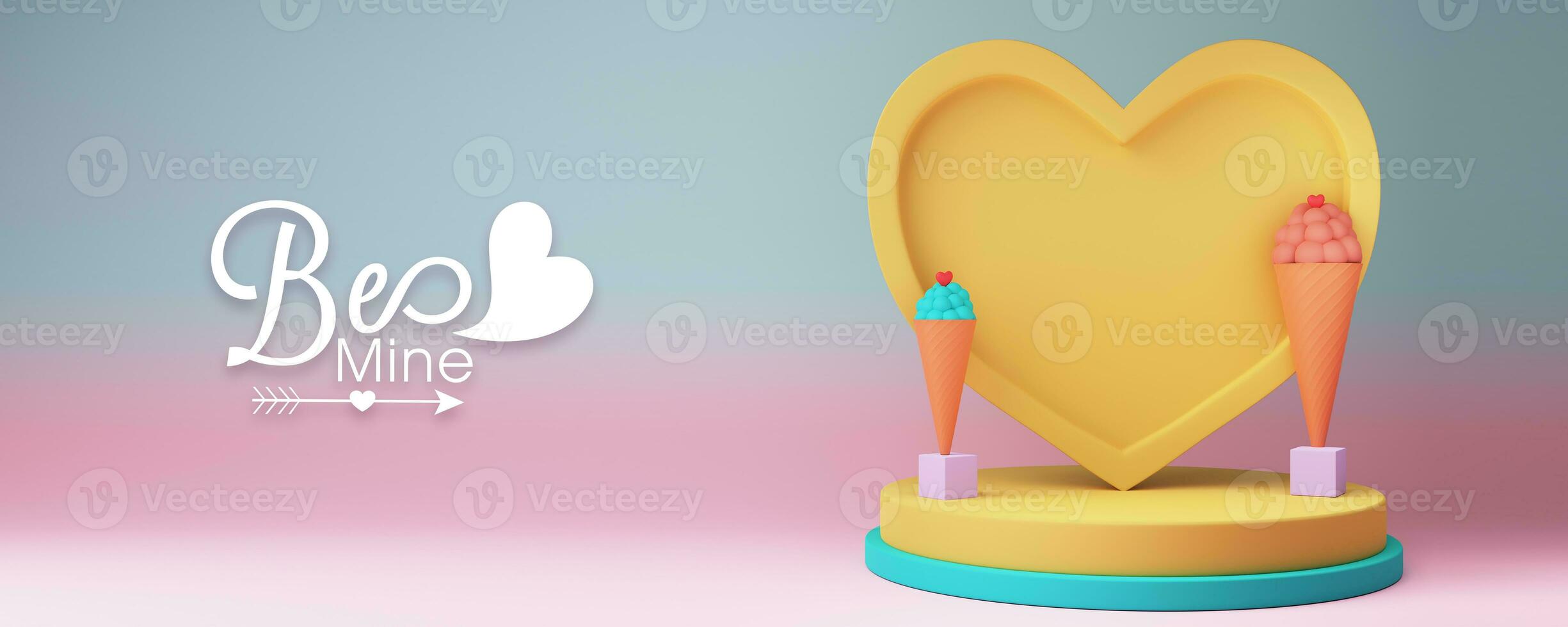 Happy Valentine's Day Concept, 3D Render of Yellow Heart Shape Frame With Image Placeholder And Ice Cream Cones On Podium. photo