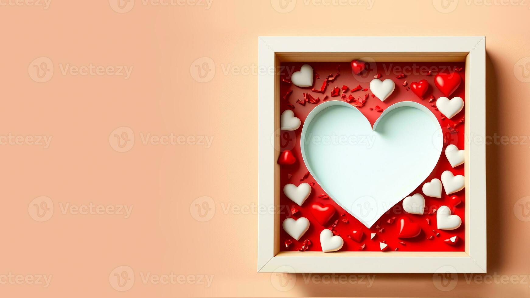 Red And White Paper Hearts Inside Square Frame. 3D Render Love Or Valentine's Day Concept. photo