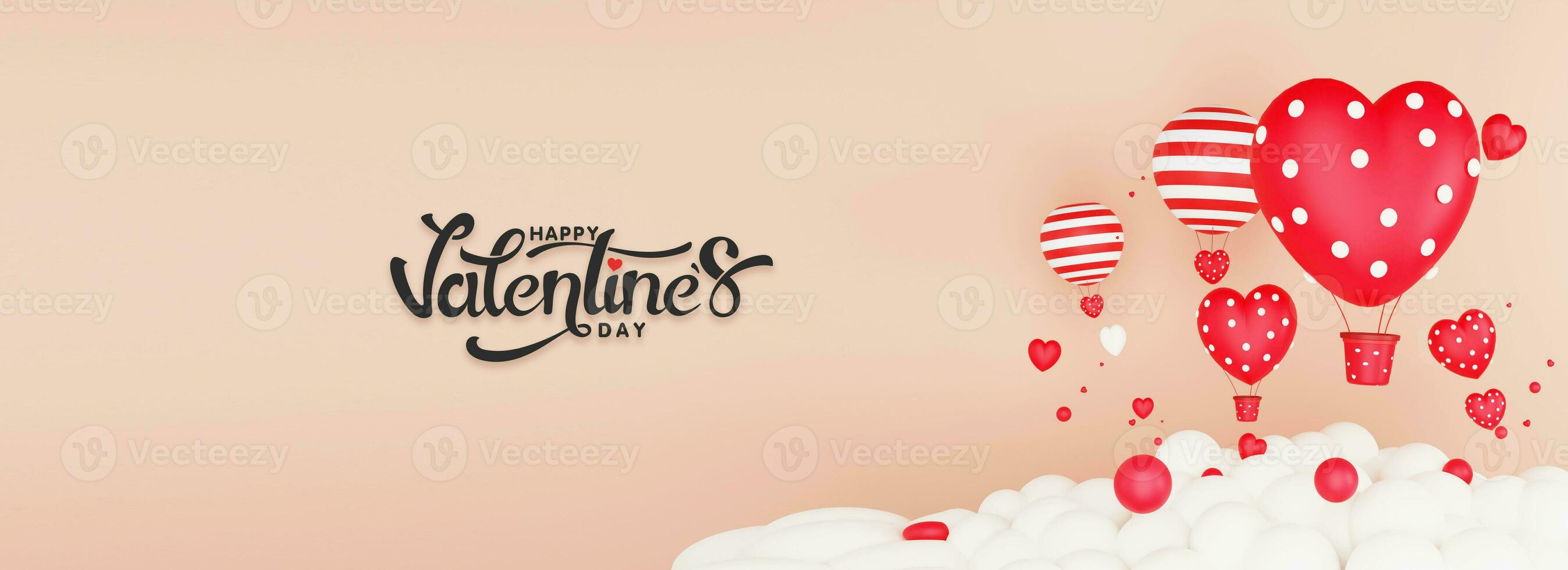 contento San Valentín día encabezamiento o bandera diseño con 3d prestar, corazón formas, caliente aire globos y nubes foto