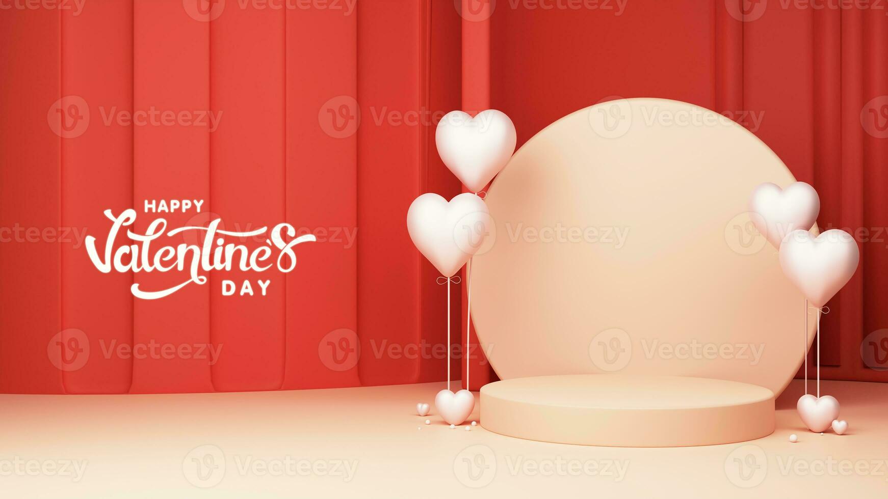 Happy Valentines Day Text With Blank Circular Frame, Podium Space For Image And Heart Balloons. photo