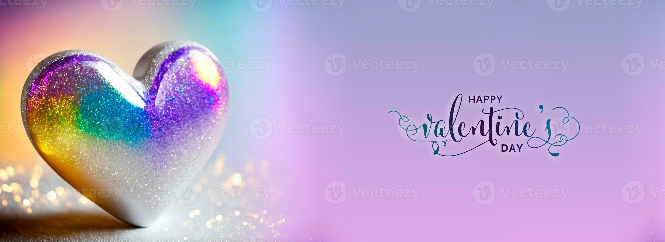 Happy Valentine's Day Text With Shiny Colorful Glittery Heart Shape On Rainbow Background. photo