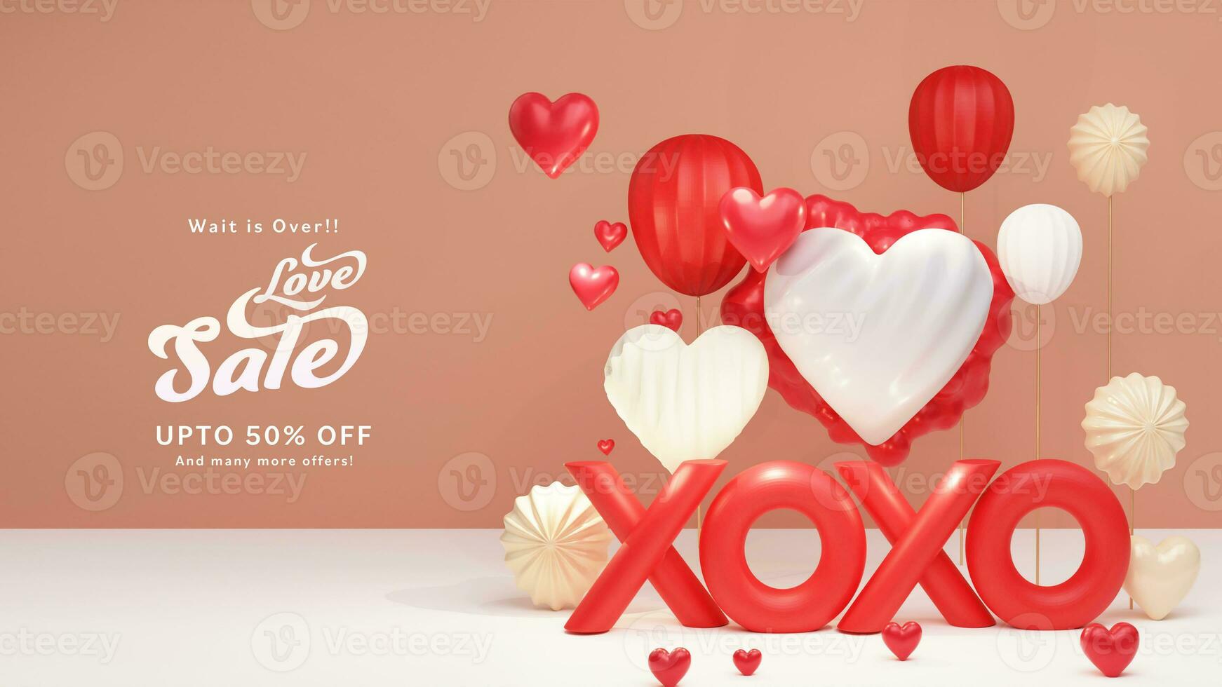 Love Sale Header Or Banner Design With Upto Off Discount Offers, 3D Render, XOXO Text With Heart Shapes. photo