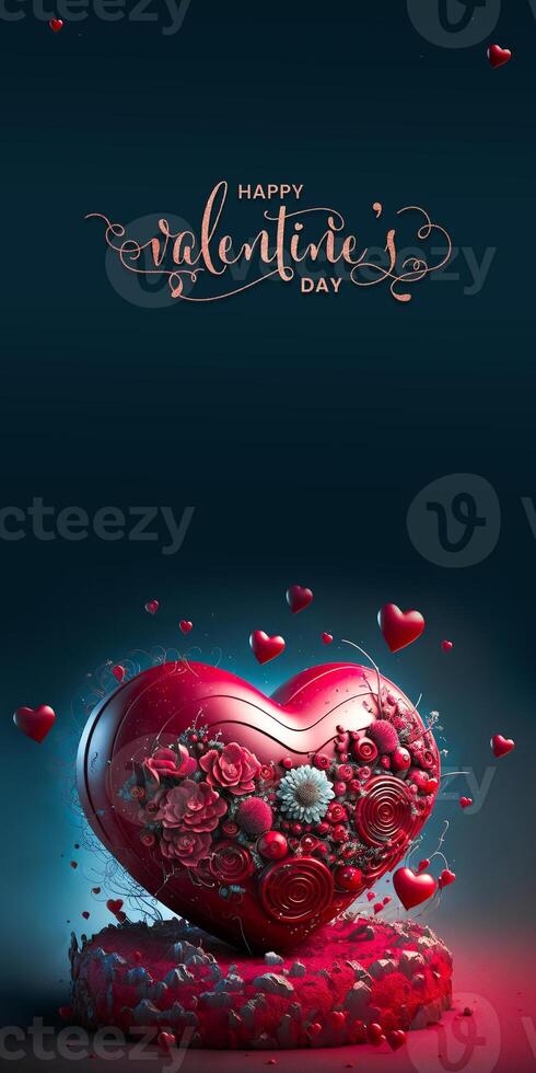 Happy Valentine's Day Text With 3D Render Of Red Heart Shape Decorated With Floral On Podium. photo