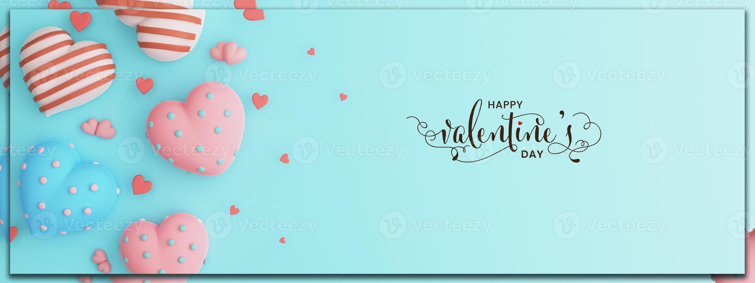 Happy Valentine's Day Calligraphy Text With Soft Color Heart Shapes On Turquoise Background. Header Or Banner Design. photo