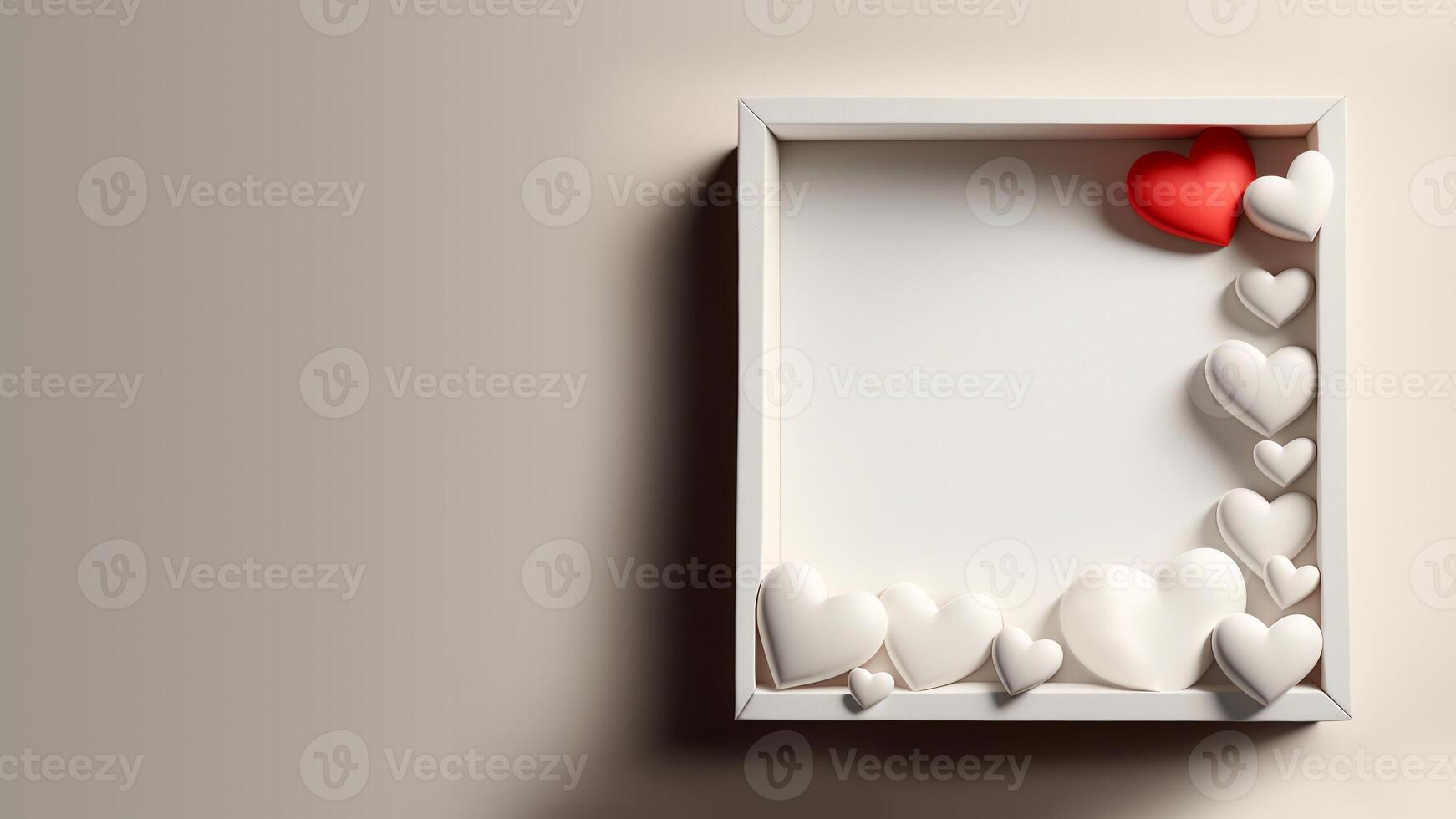 3D Render, White And Red Hearts Inside Square Frame With Image Placeholder. photo