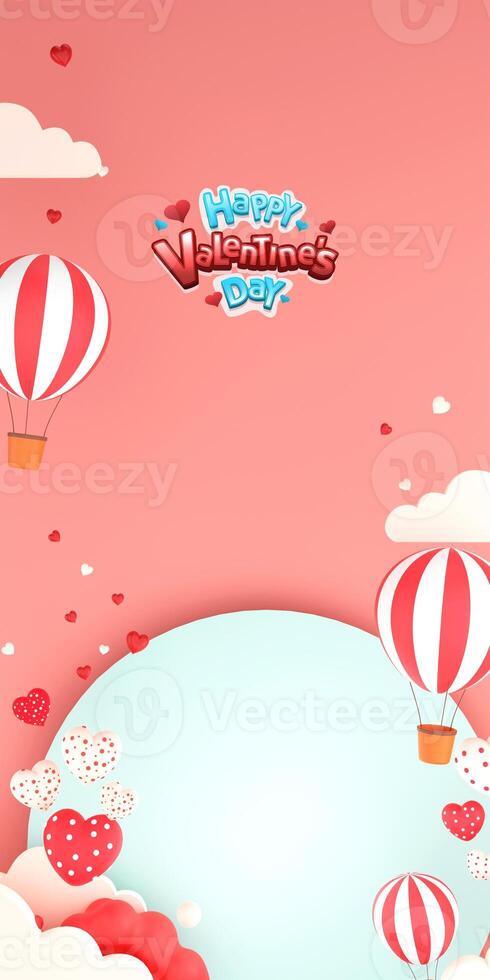 Sticker Style Happy Valentine's Day Text With Hearts Shapes, Hot Air Balloons Against Round Frame and Clouds. Vertical Template, Standee Poster, Banner Design. photo