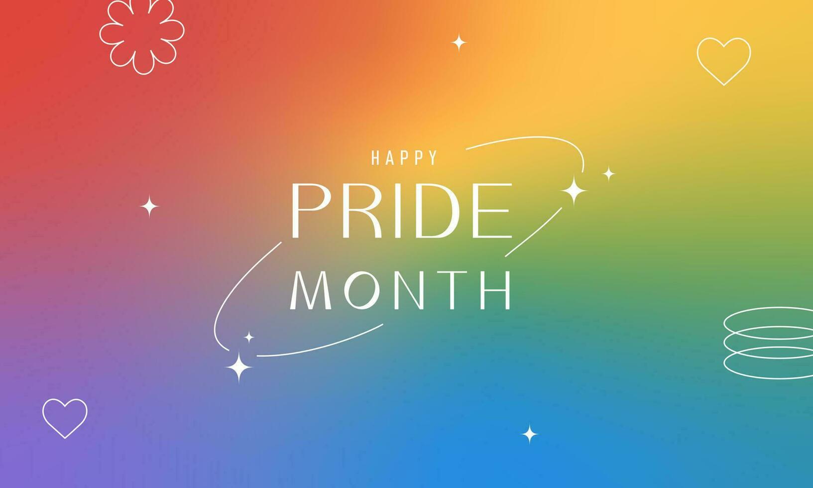 Vector banner Pride Month. LGBT colorful rainbow concept. Trendy blurred gradient, stars, geometric shapes, typography, y2k background.