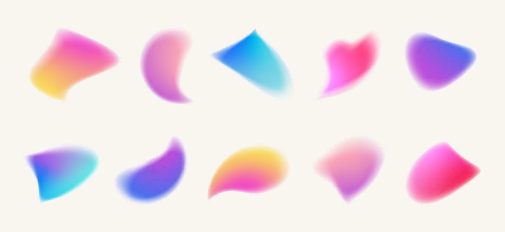 Y2k style blurred gradient abstract shapes set. Blurry organic shapes, aura aesthetic elements. Modern minimalist design elements with blur gradients. Vector illustration.