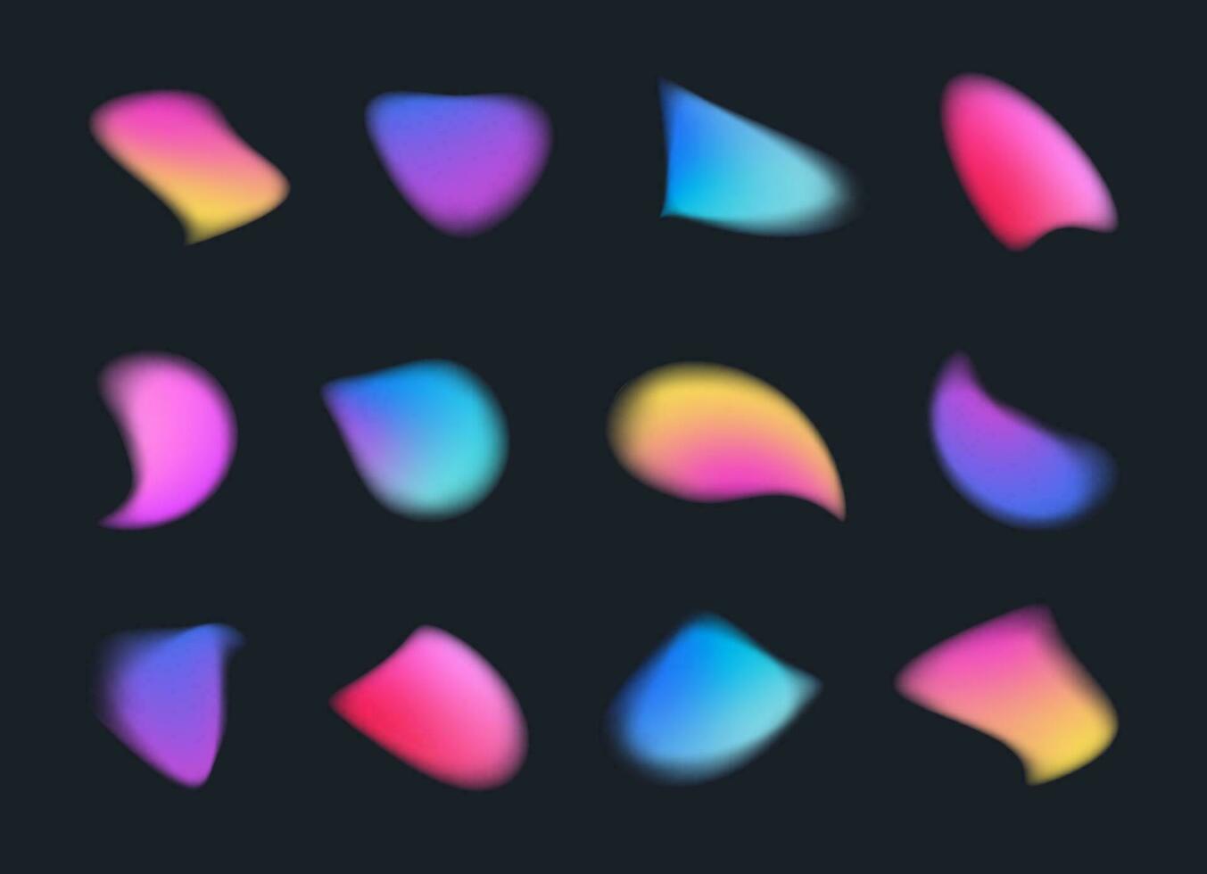 Y2k style blurred gradient abstract shapes set. Blurry organic shapes, aura aesthetic elements. Vibrant soft blurry color gradients.  Vector illustration.