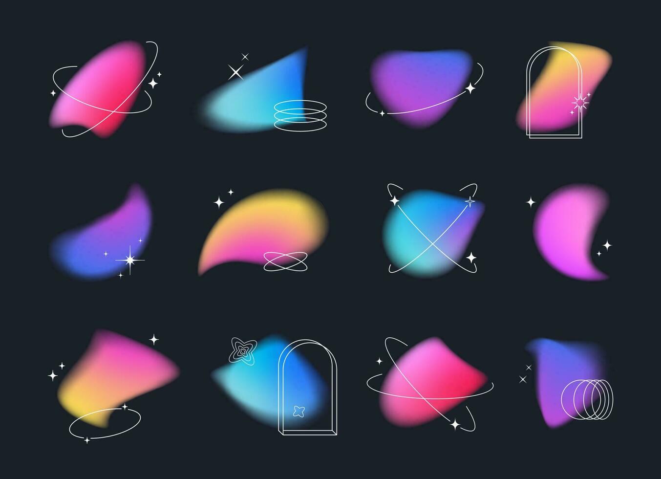 y2k estilo borroso degradado resumen formas conjunto con de moda lineal marcos con estrellas y destellos, geométrico formularios borroso orgánico formas, aura estético elementos. vector