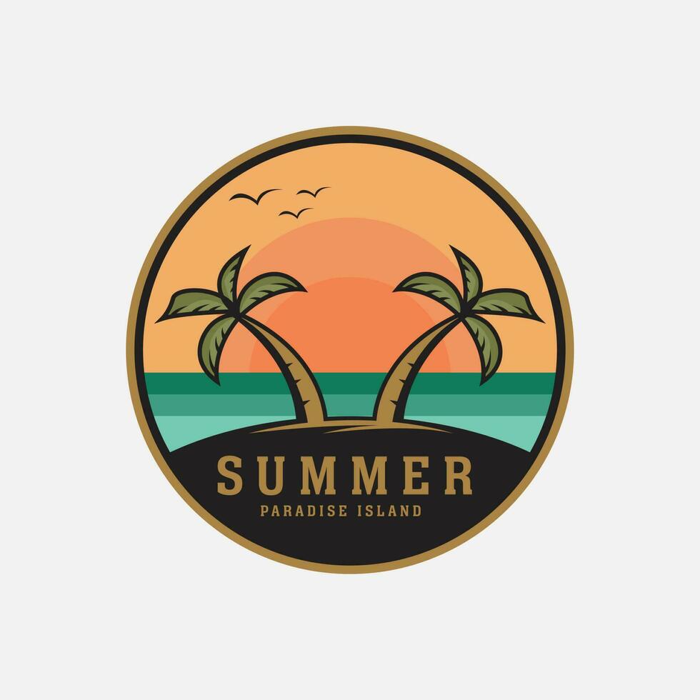 summer logo vector vintage with emblem illustration template design. paradise island, ocean,sun background