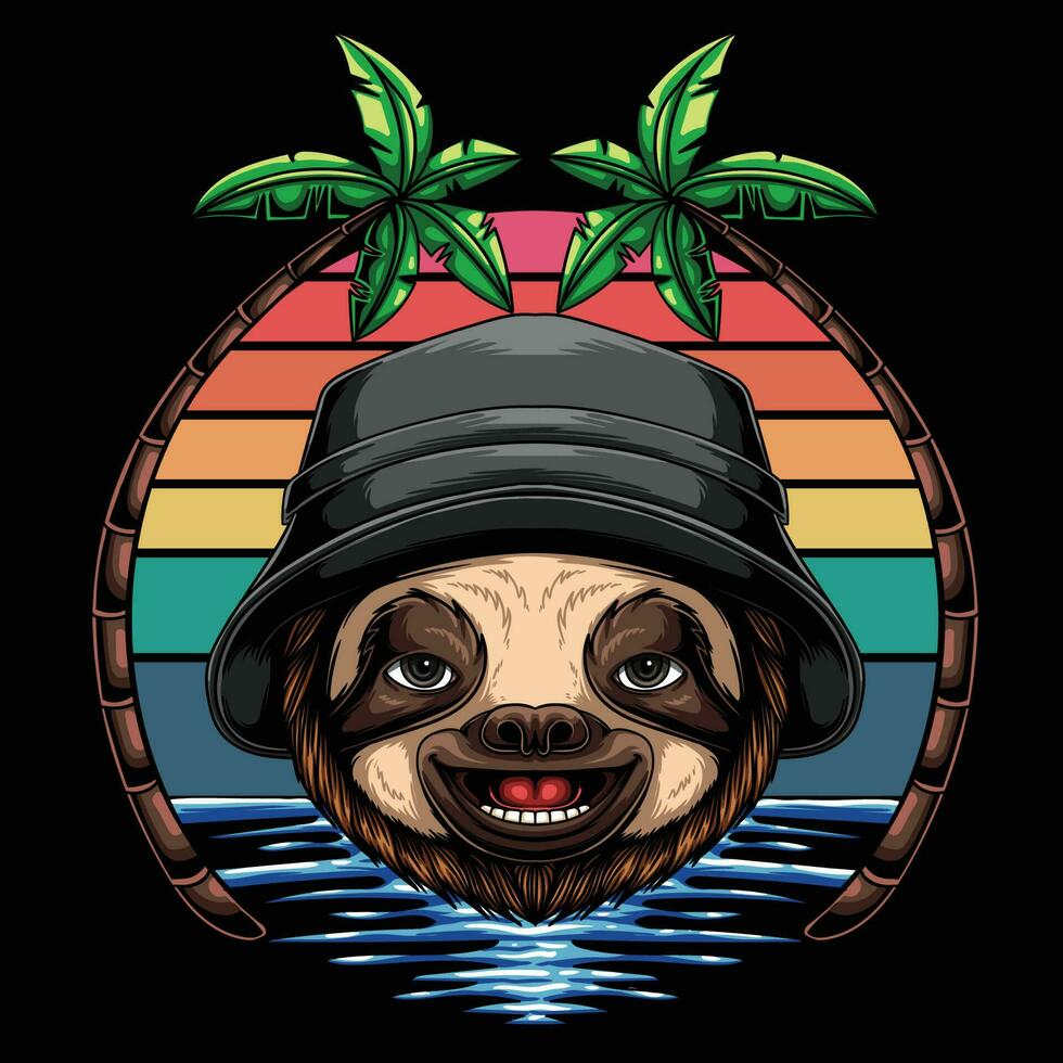 Sloth smile wearing bucket hat retro vector illustration