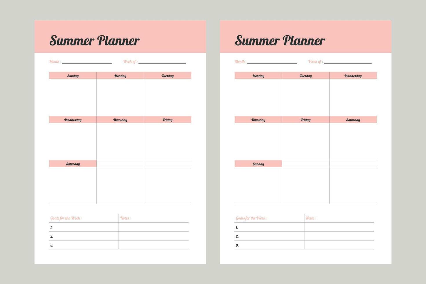 Summer planner start from sunday and start from monday vector