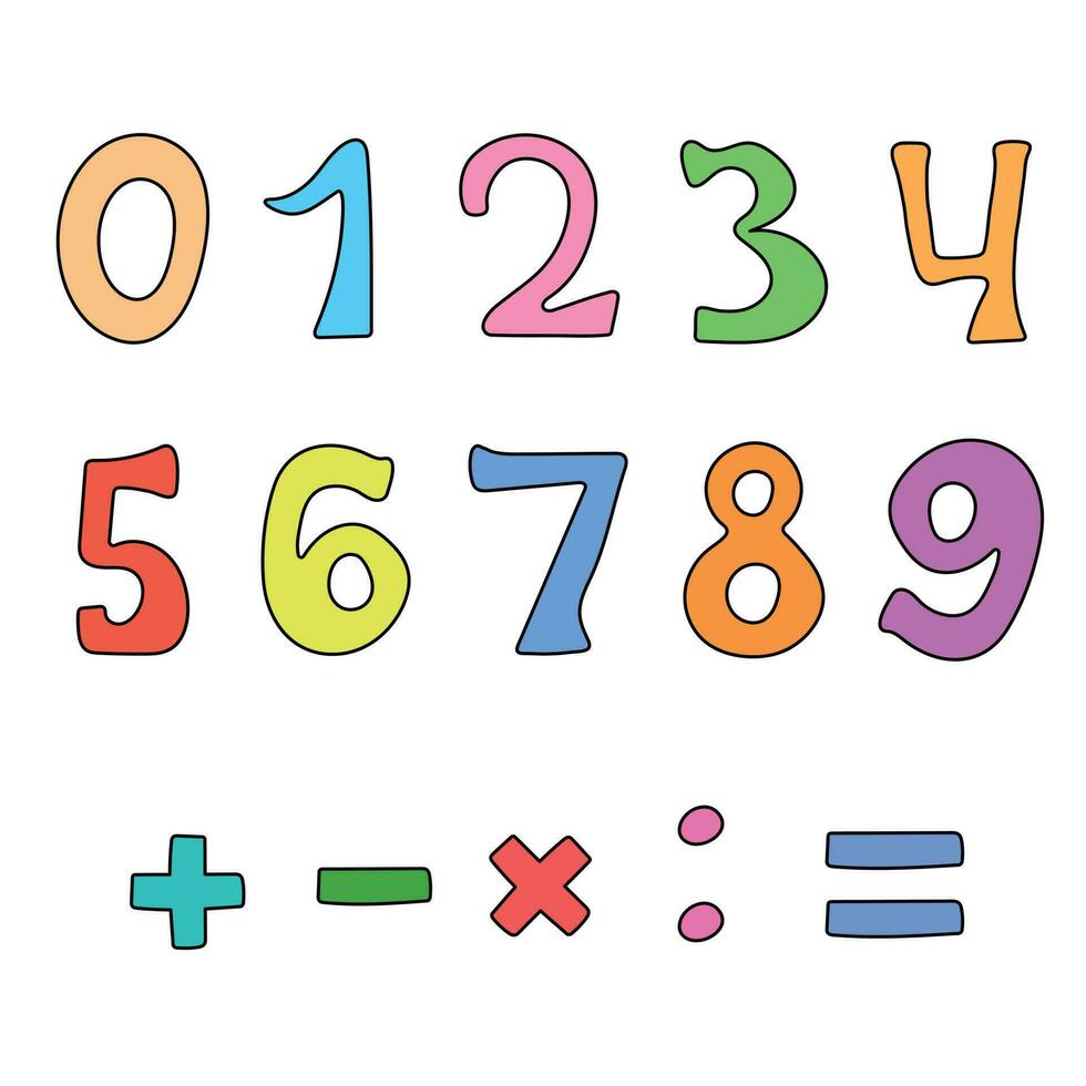 Vector set of colored numbers drawn by hand on white. Counting signs.