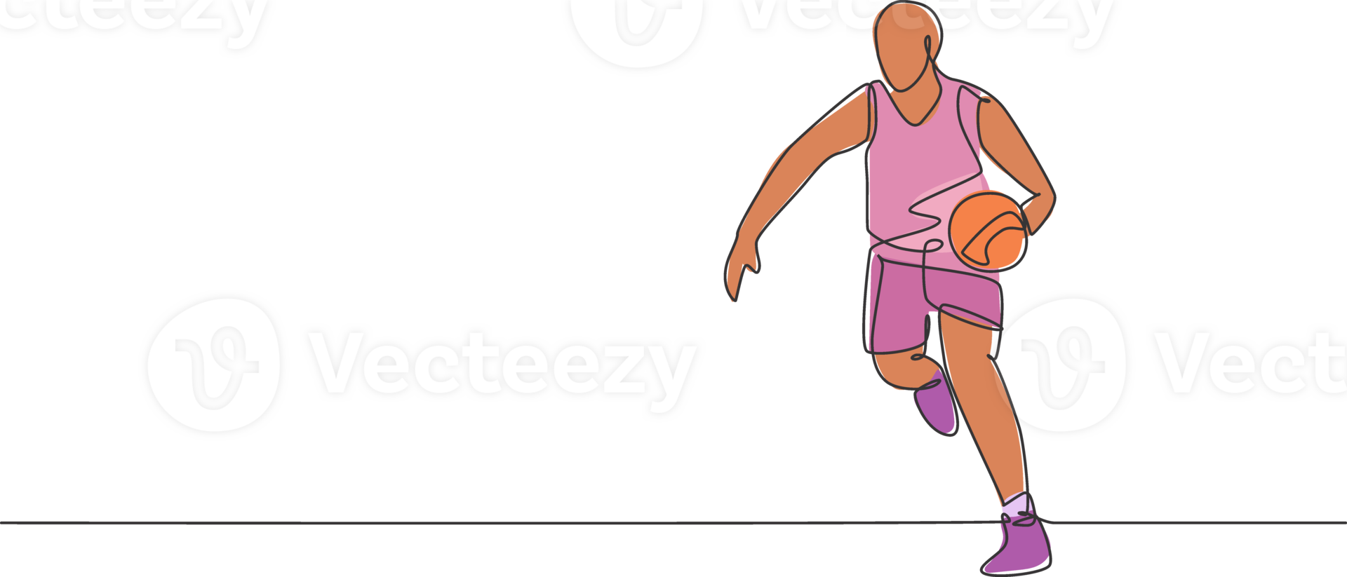 Single continuous line drawing of young healthy basketball player dribbling a ball. Competitive sport concept. Trendy one line draw design illustration for basketball tournament promotion media png