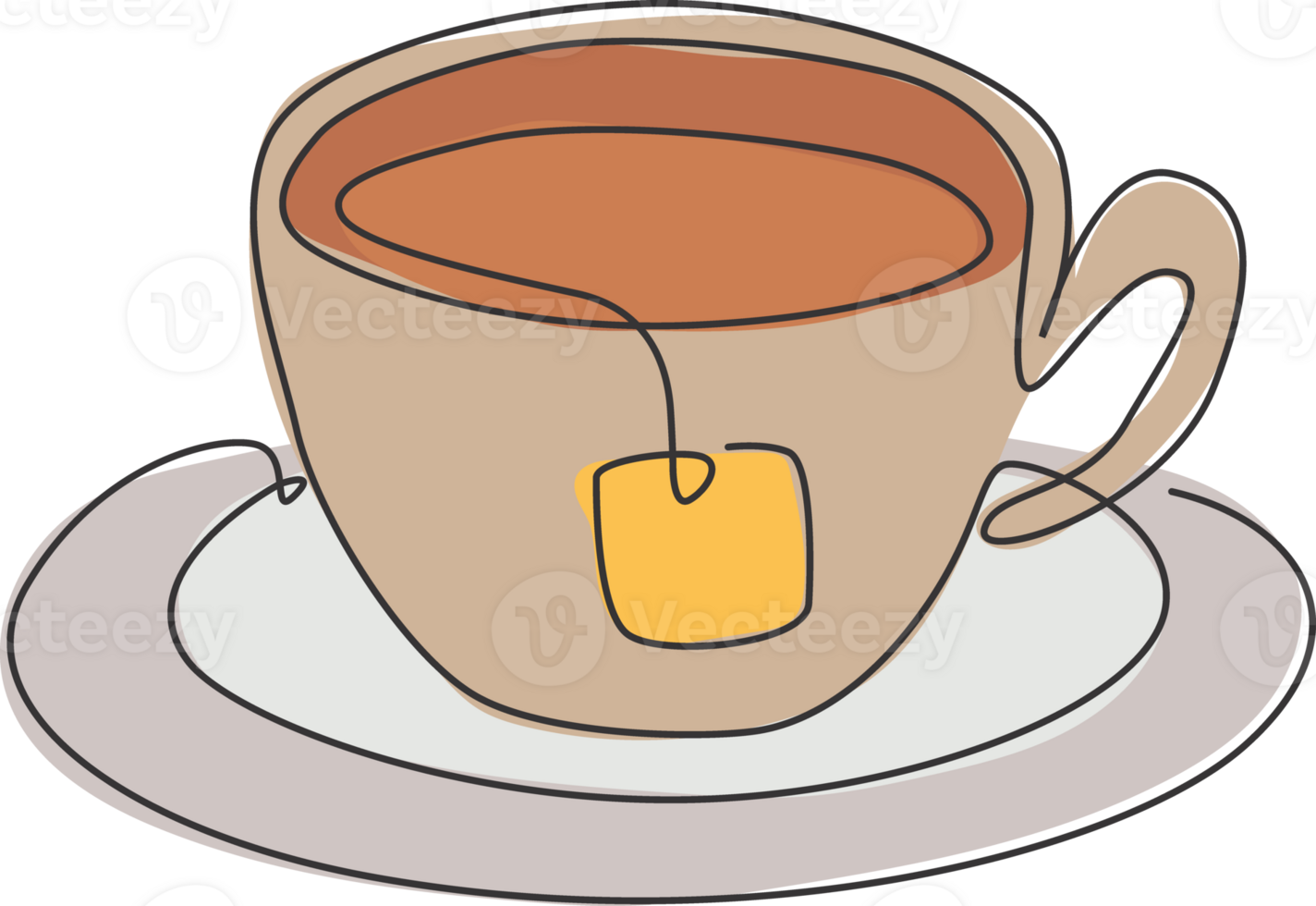 Single continuous line drawing of stylized cup of tea with teabag and drink coasters. Emblem tea shop logo concept. Modern one line draw design graphic illustration for cafe and beverage store png