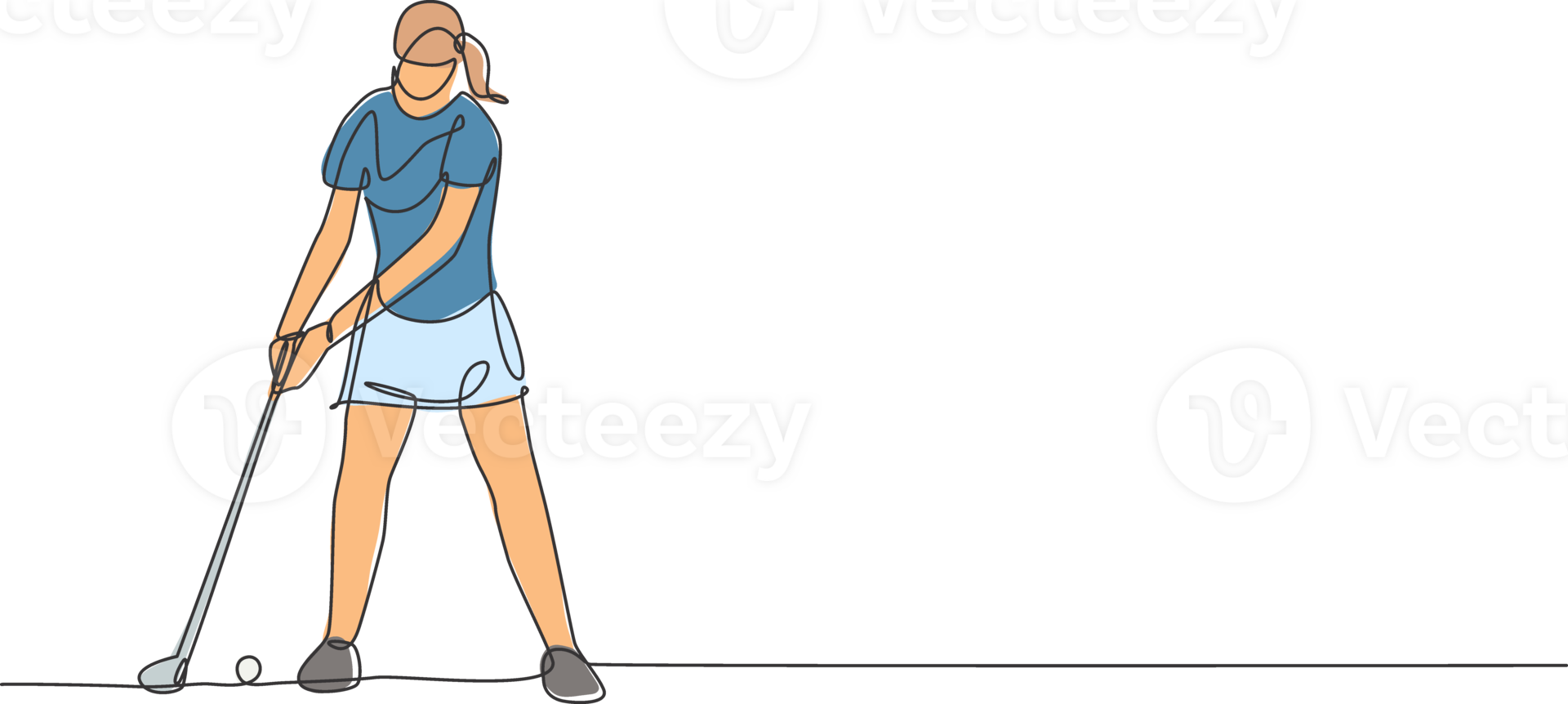 One single line drawing of young sporty golf player hit the ball using golf club graphic illustration. Healthy sport concept. Modern continuous line draw design for golf tournament poster png