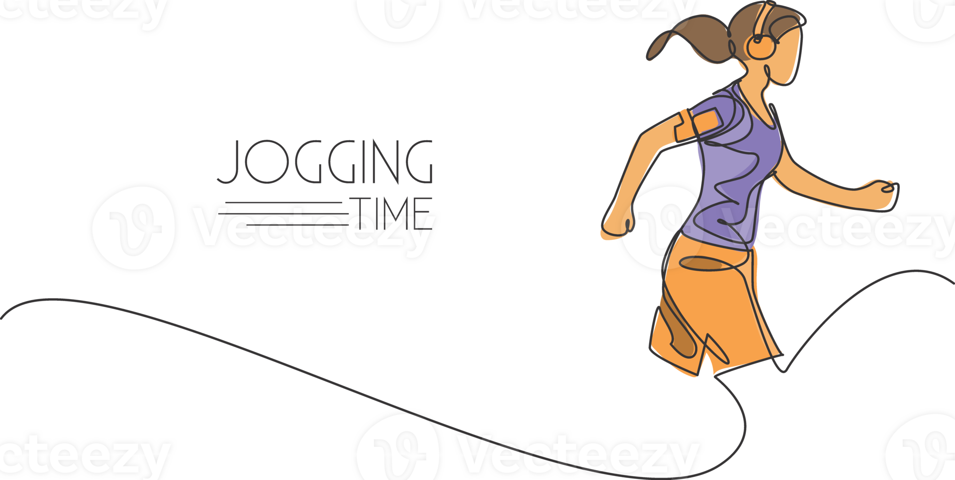 One single line drawing of young energetic woman runner run relax with music from smartphone illustration. Healthy sport training concept. Modern continuous line draw design for running banner png