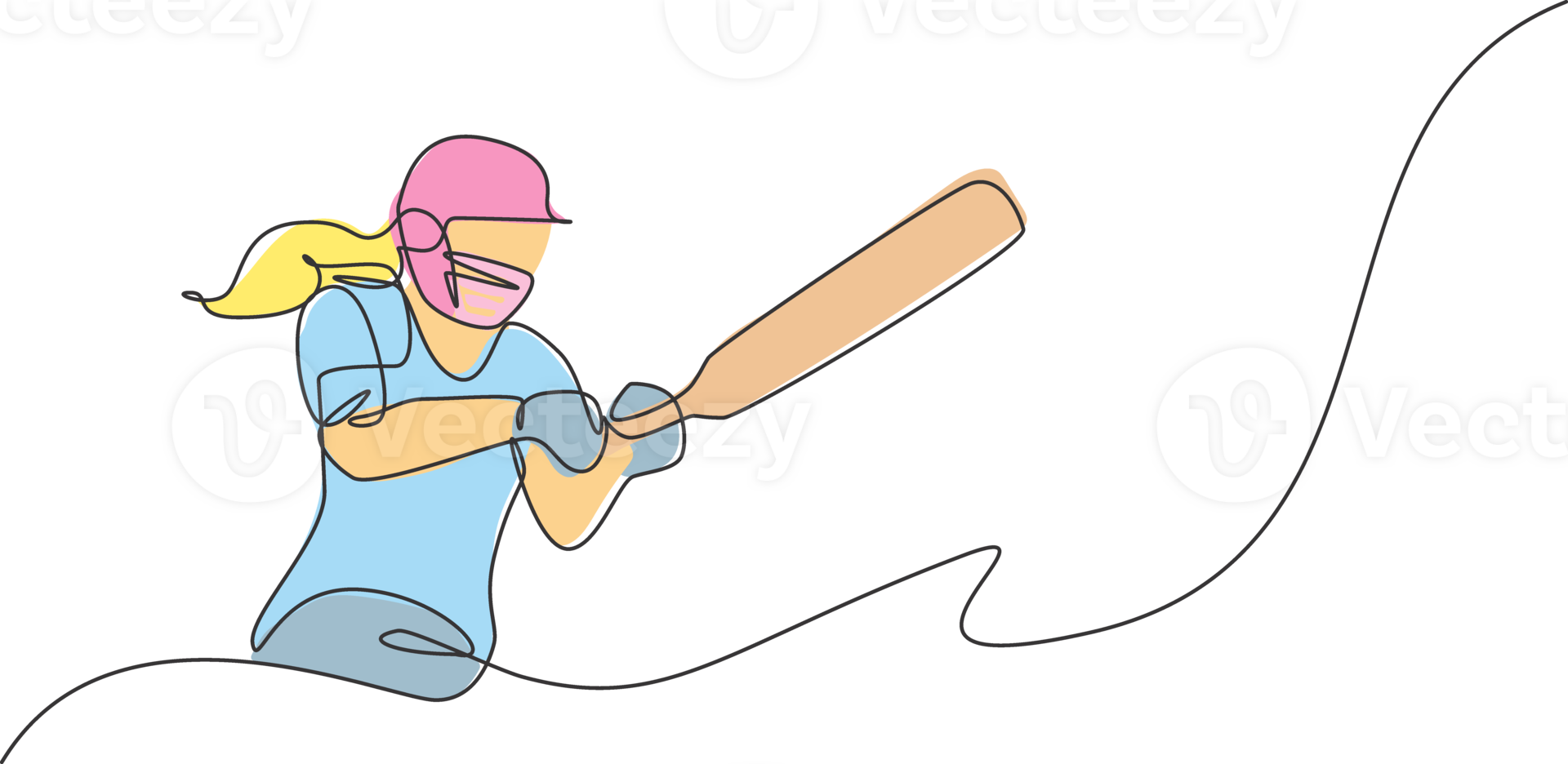 One single line drawing of young energetic woman cricket player successfully hit the ball home run illustration. Sport concept. Modern continuous line draw design for cricket competition banner png