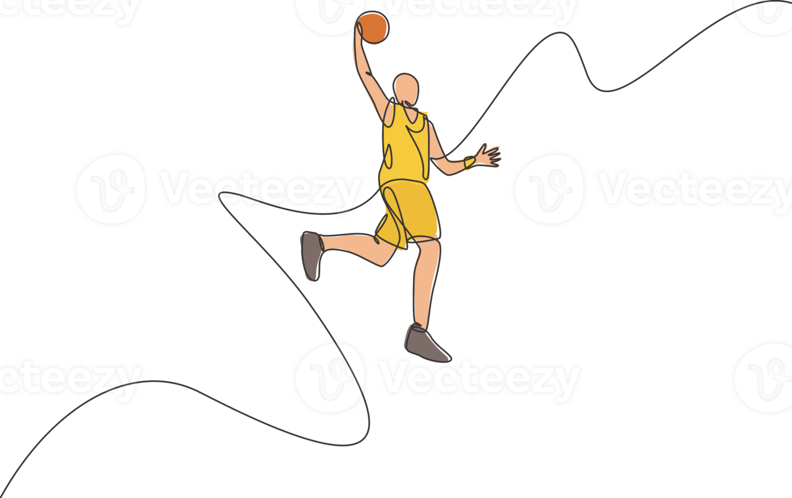 One single line drawing of young energetic basketball player jumping