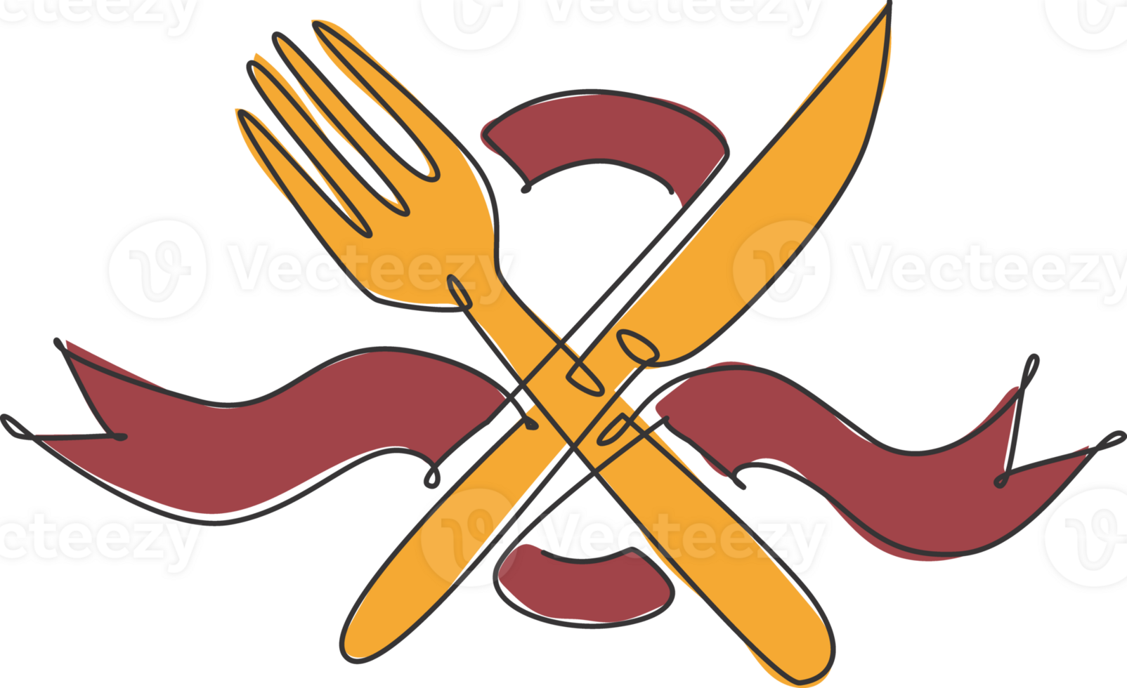 One continuous line drawing of knife and fork with ribbon for restaurant logo emblem. Luxury cafe shop logotype template concept. Modern single line draw design graphic illustration png