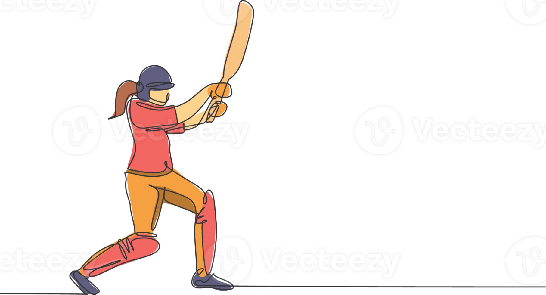 One single line drawing of young energetic woman cricket player standing and hit the ball so hard illustration. Sport concept. Modern continuous line draw design for cricket competition banner png