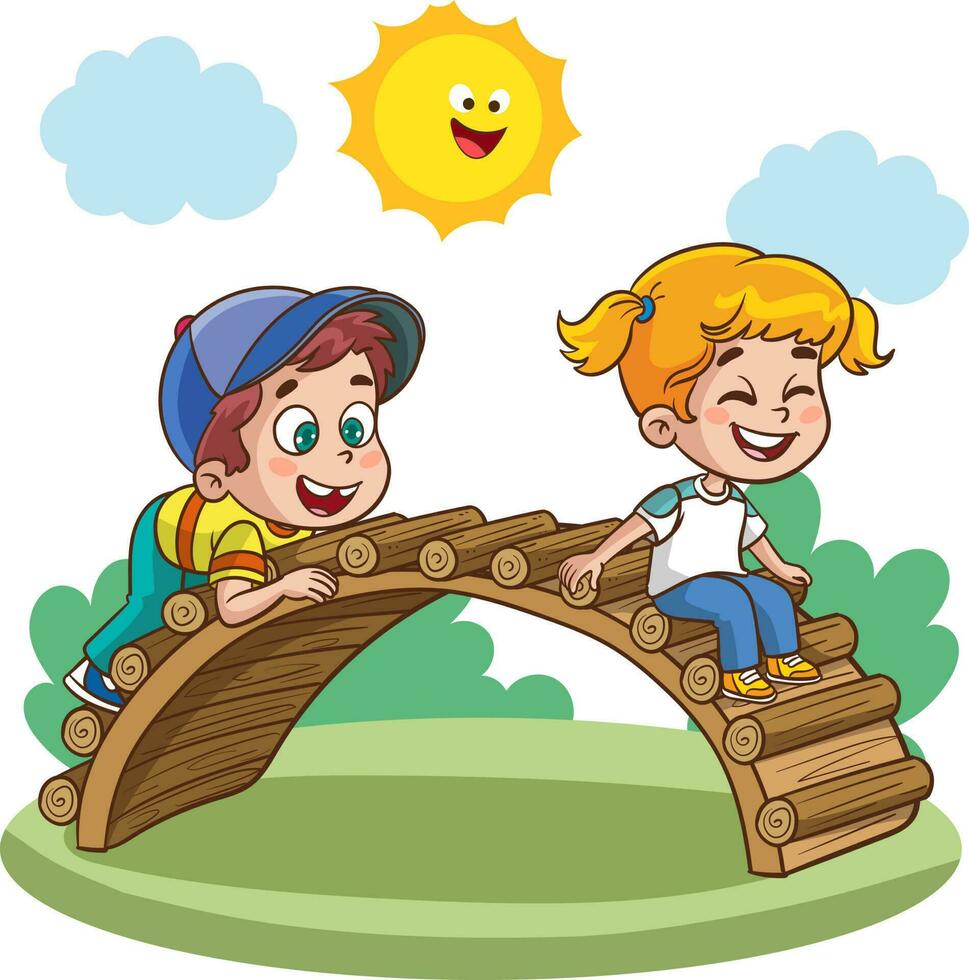 ilustración de niños jugando en un de madera puente en un soleado día vector