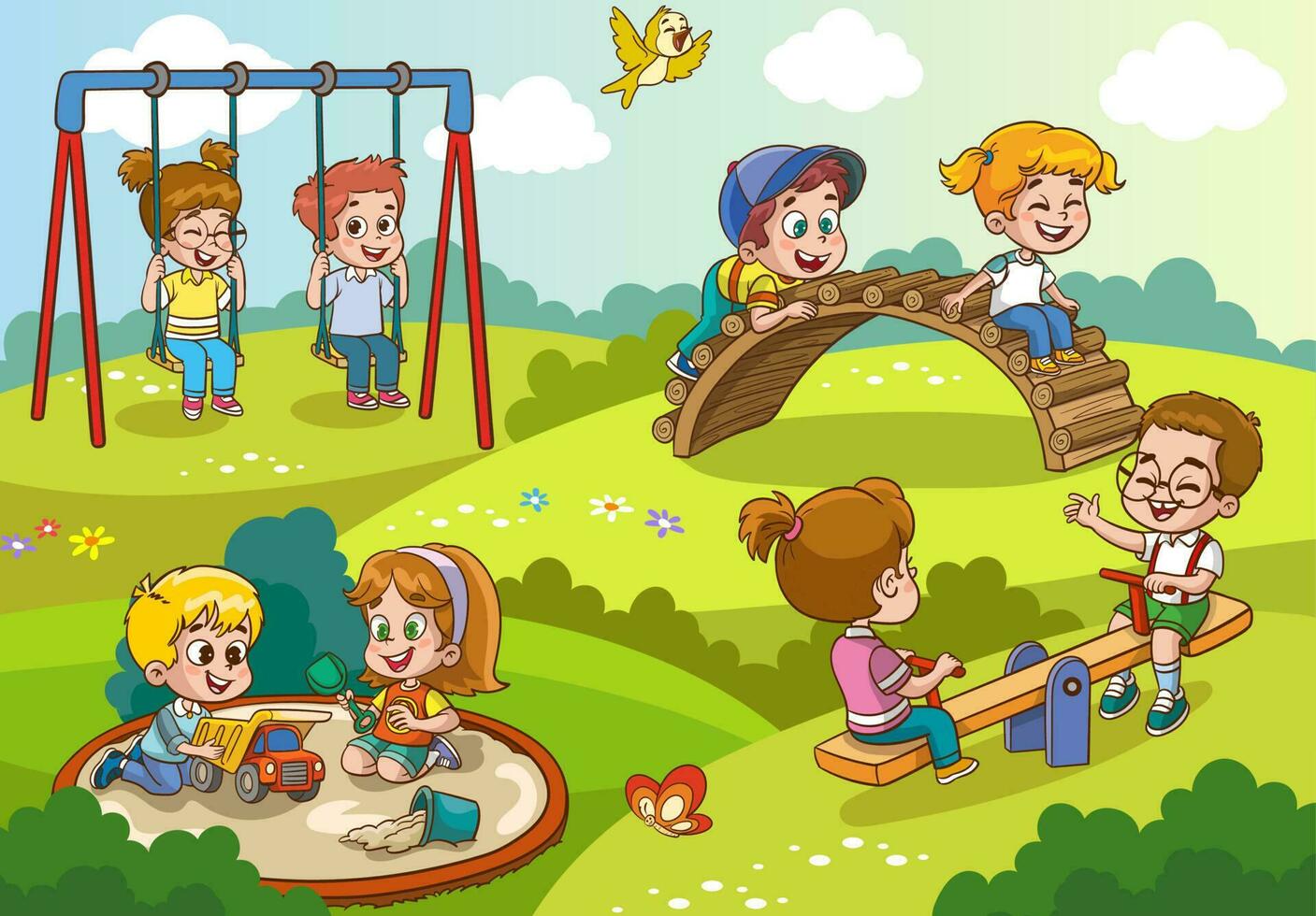 ilustración vectorial de niños felices jugando en el patio de recreo vector