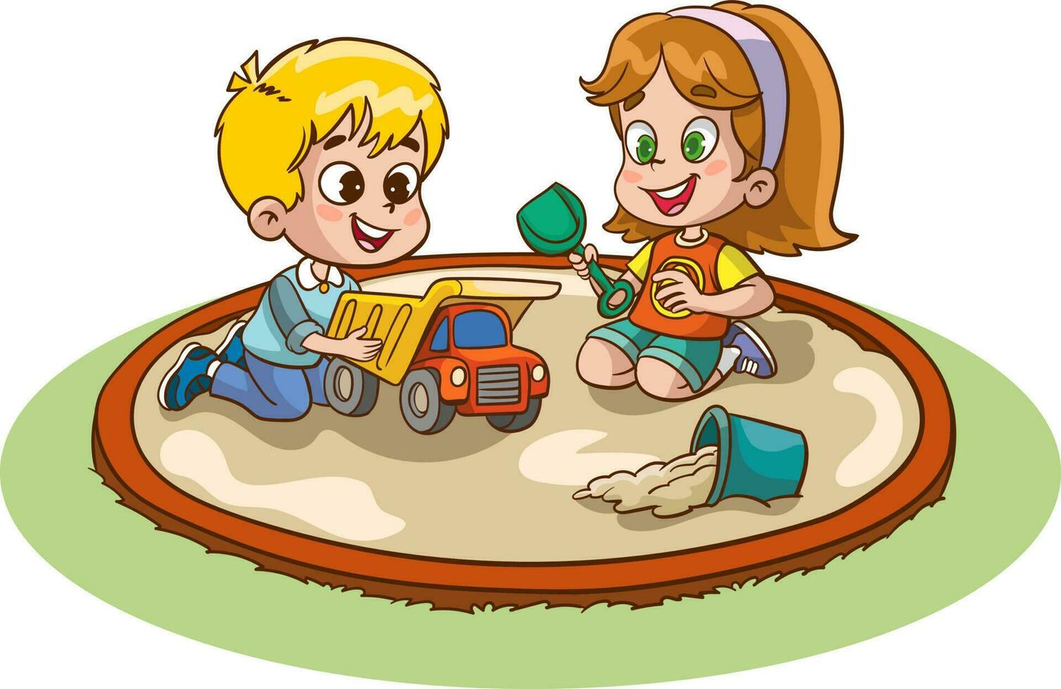 kids children playing playground vector illustration.Illustration of a Little Boy and Girl Playing with a Toy Car.