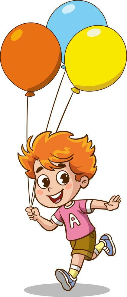 Cute boy running with balloons. Vector cartoon illustration.