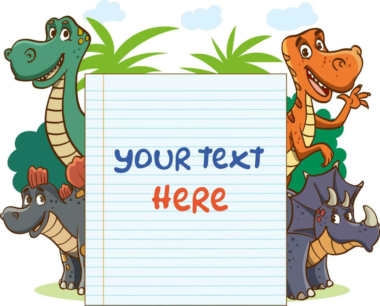 Blank Note Paper with cute dinosaurs for Kids Education Cartoon Vector