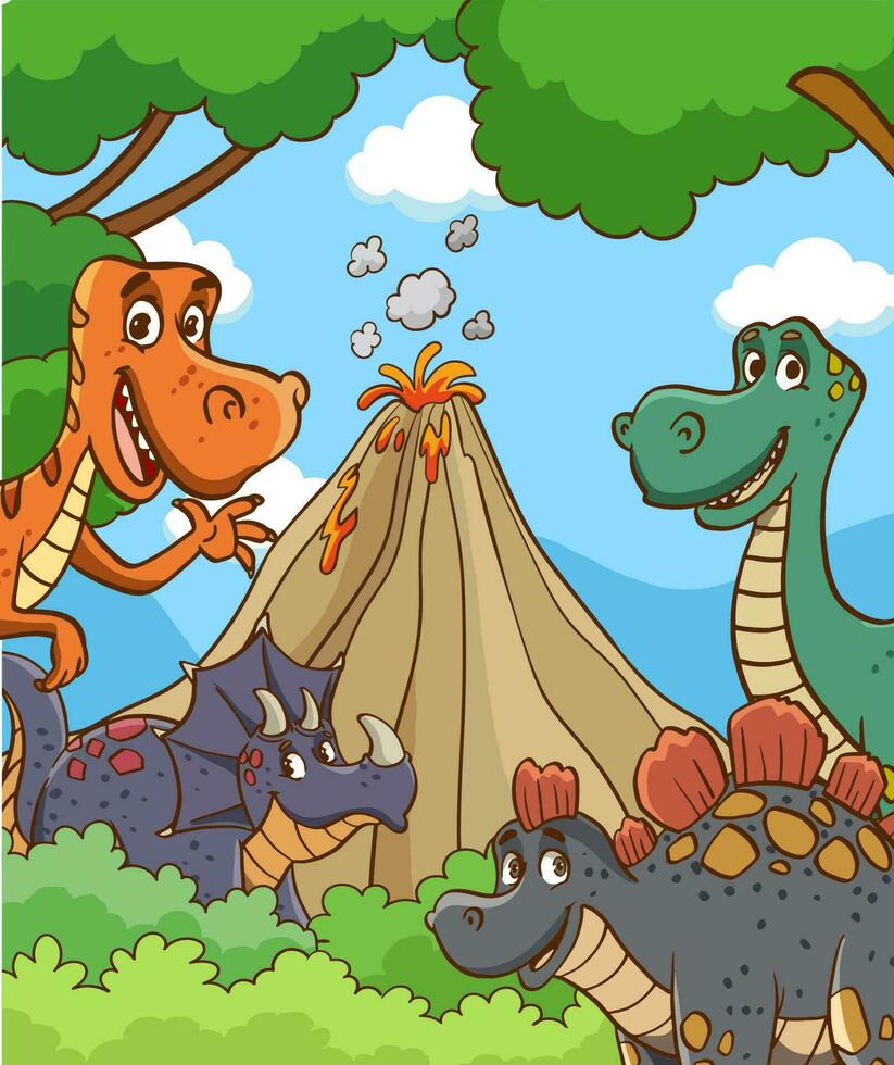 Cartoon happy dinosaur and fire spitting volcanic mountain in jungle vector