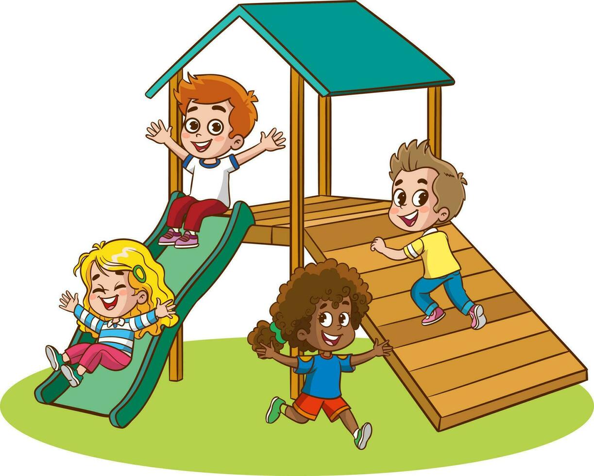 Children playing on playground. Vector illustration of a group of children playing on playground.