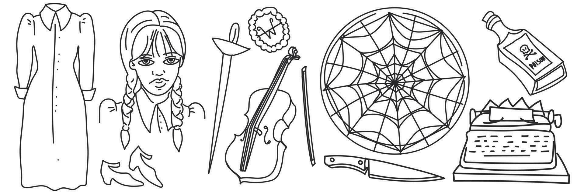 Wednesday Adams and the details that resemble her are made in a linear and monochrome style. A set of faces and elements. Wednesday. Silhouette of a girl with pigtails and objects belonging to her vector