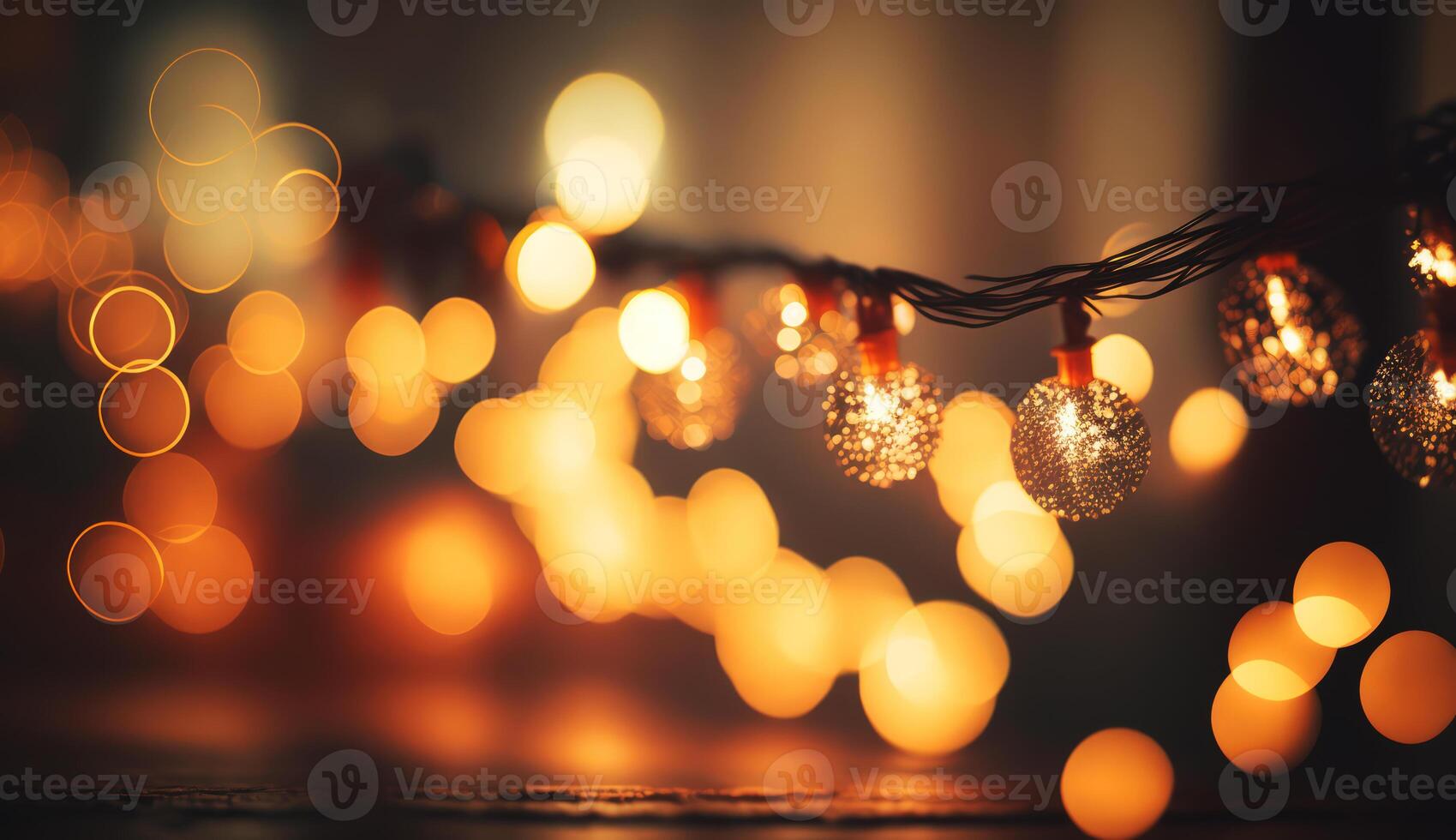 Romantic bokeh effect image of a string of fairy lights, with the blurred background creating a soft and intimate atmosphere. photo