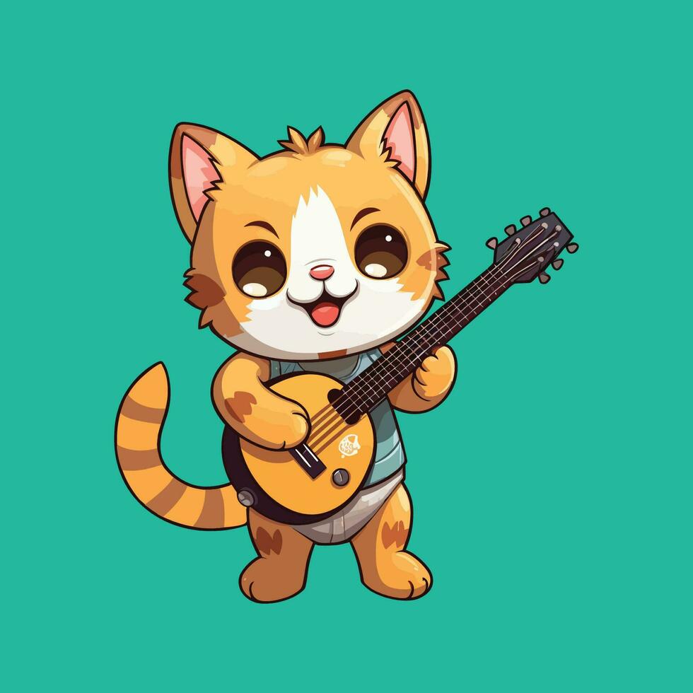 cute cat playing guitar cartoon design vector