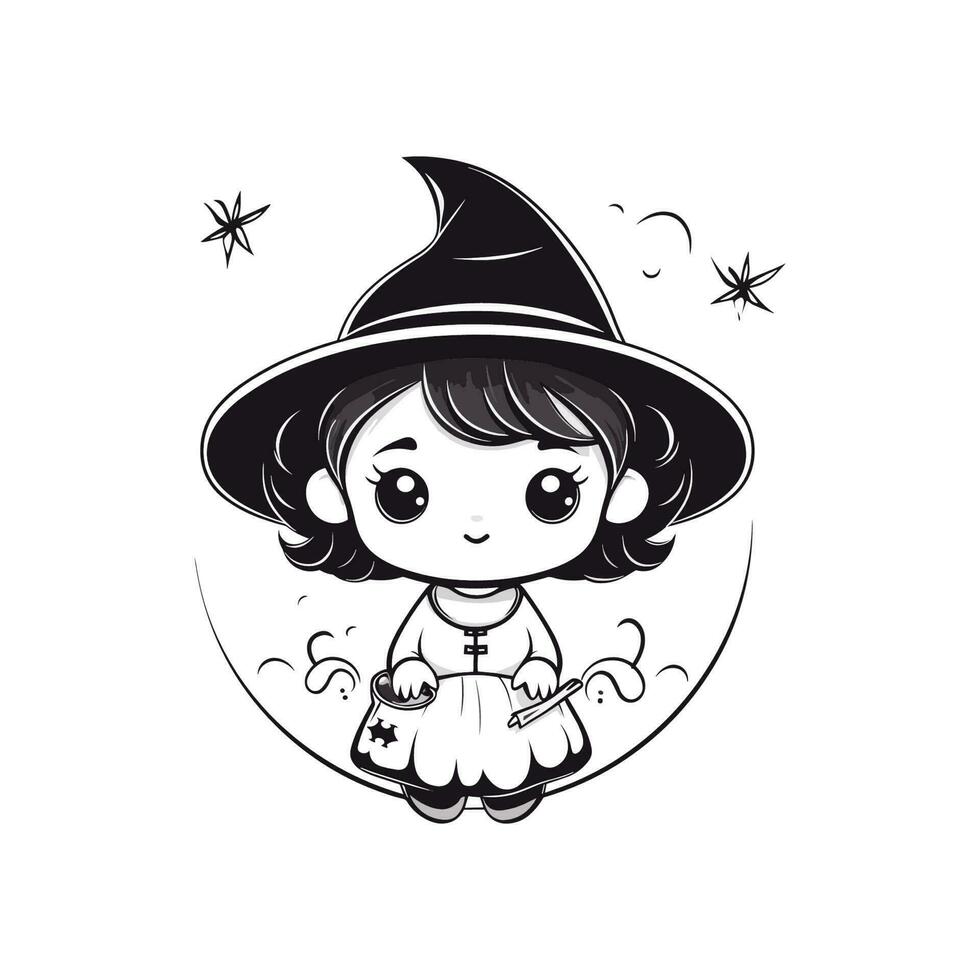 line drawing of a cute witch kawaii girl vector