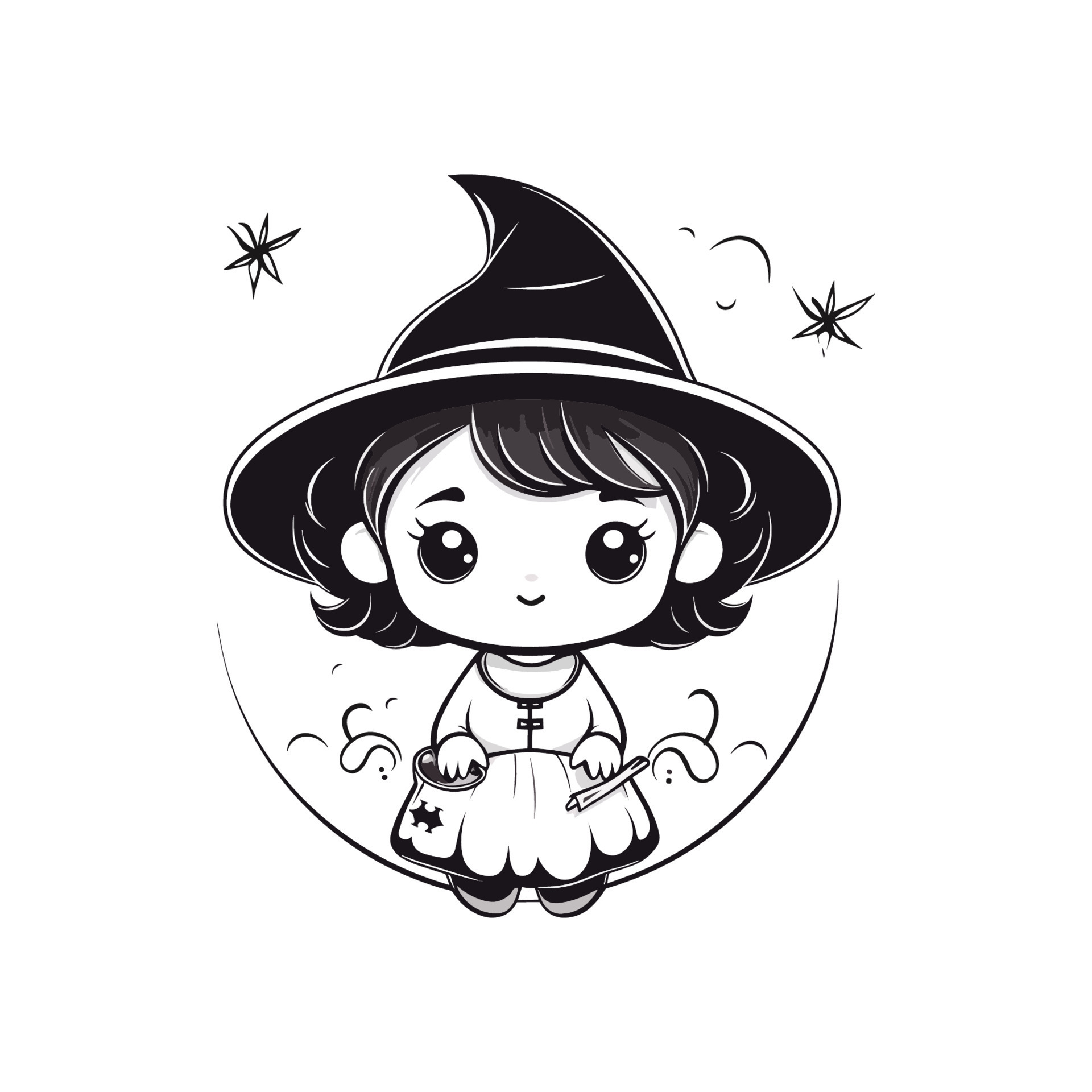 line drawing of a cute witch kawaii girl 24123890 Vector Art at Vecteezy